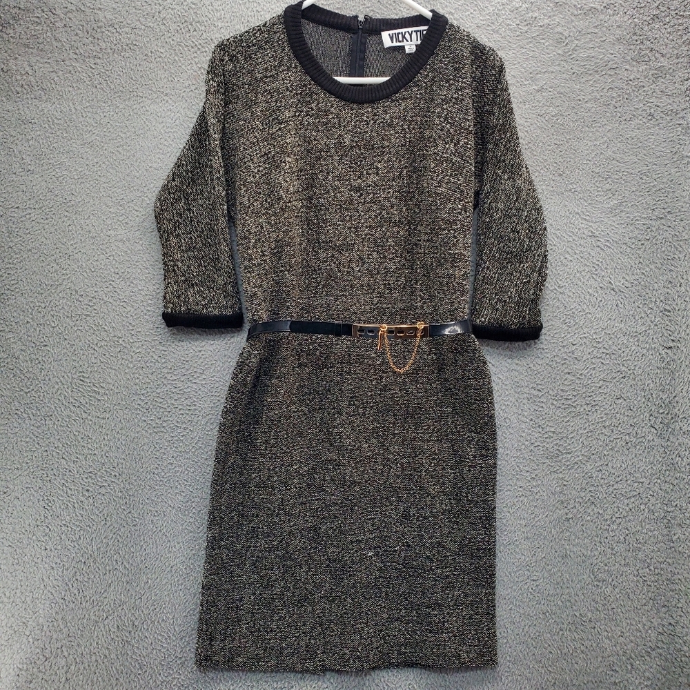 Vicky Tiel Dress Grey Metallic Woven Belted Shift Size Medium